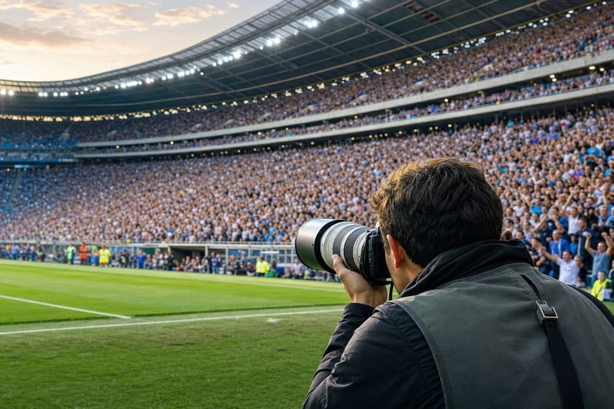 Photographer on the sideline photographing a stadium with packed stands